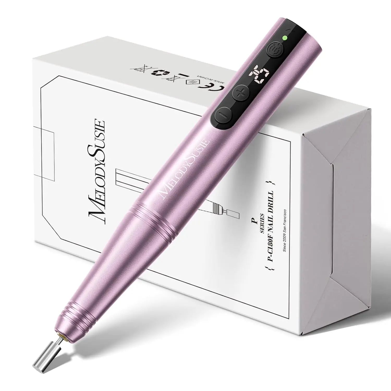 

MelodySusie Pen-Shaped Portable Cordless Nail Drill, PC180F 25000RPM Rechargeable Electric File with LED Display for All Nail Ca