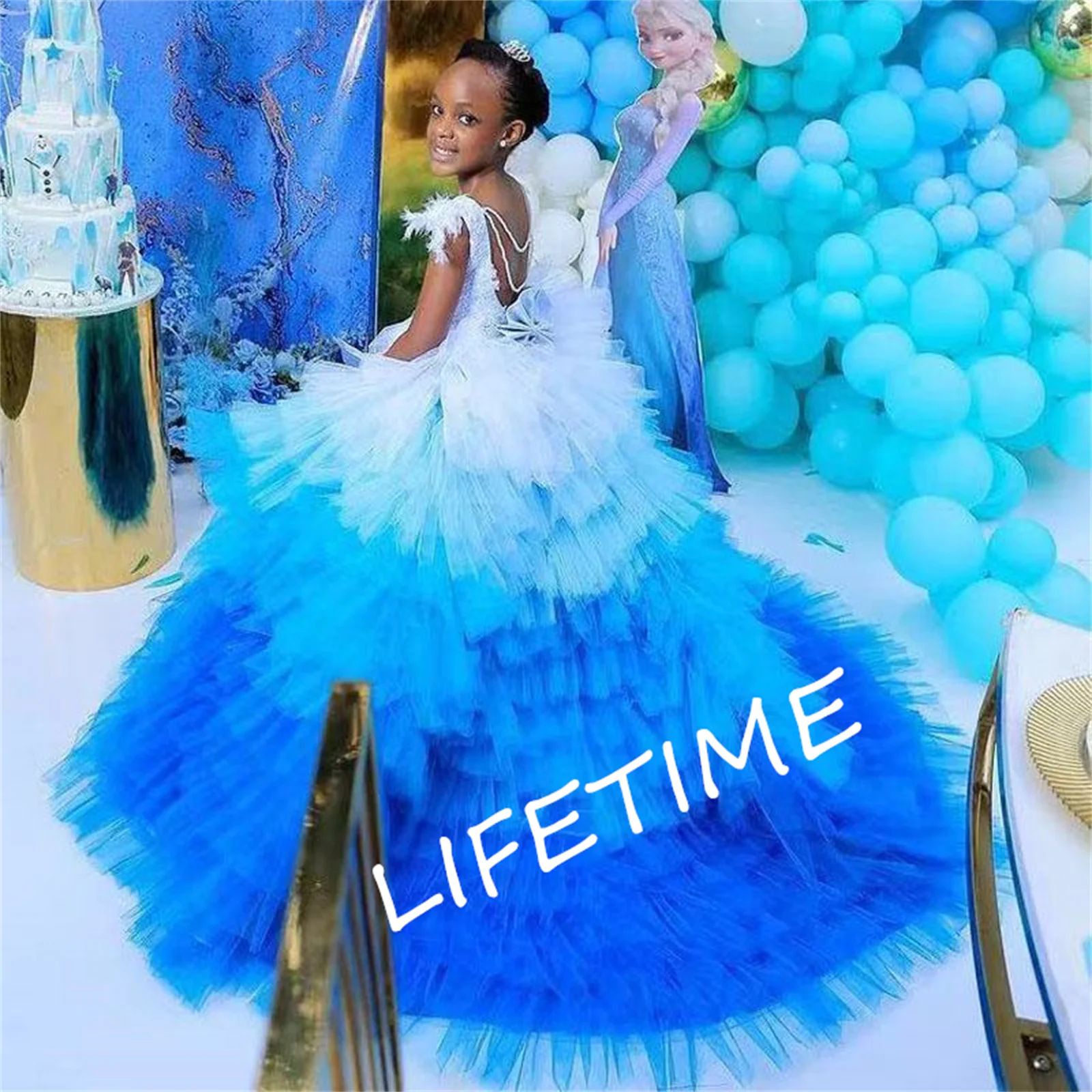 

White And Blue Coloful Tiered Flower Girls Dresses Puffy Tulle Ruffles Skirt Kids Birthday Party Feather Child Pageant Gowns