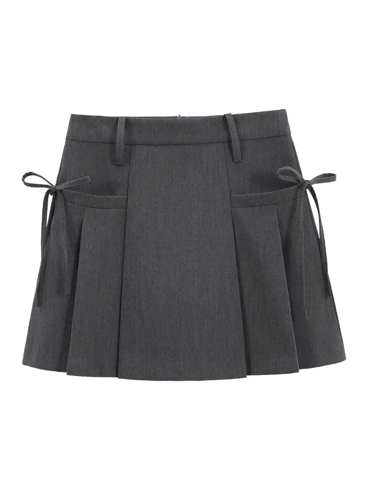 

HOUZHOU Korean Fashion Pleated Skirt Women Gray Preppy Style Bow Kawaii Mini Skirt Chic Streetwear High Waist Vintage