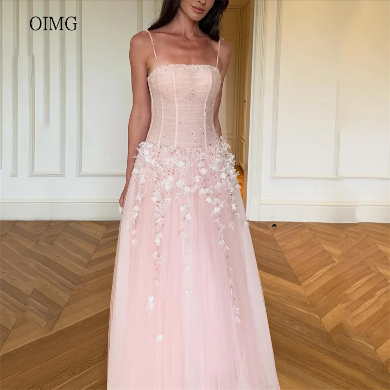 OIMG Pink Pastrol Spaghetti Strap A Line Prom Gowns 3D Flowers Party Gown Floor Length Evening Dress vestido de gala Customized