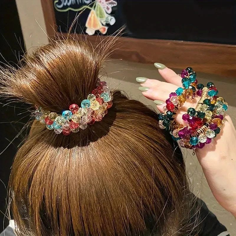 

Retro Colorful Crystal Hair Band High Elastic Rubber Band Handmade Beaded Hair Rope Hair Accessories