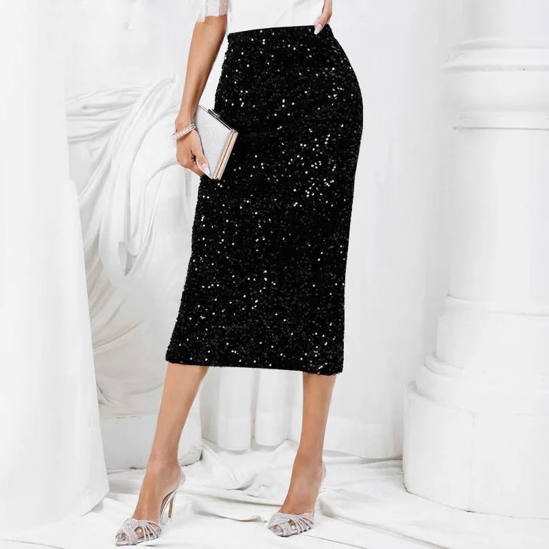 Elegant Sexy Heavy Embellished High Waist Midi Skirt Women's Fashion Commute Cross-Border Asymmetrical A-Line Skirt