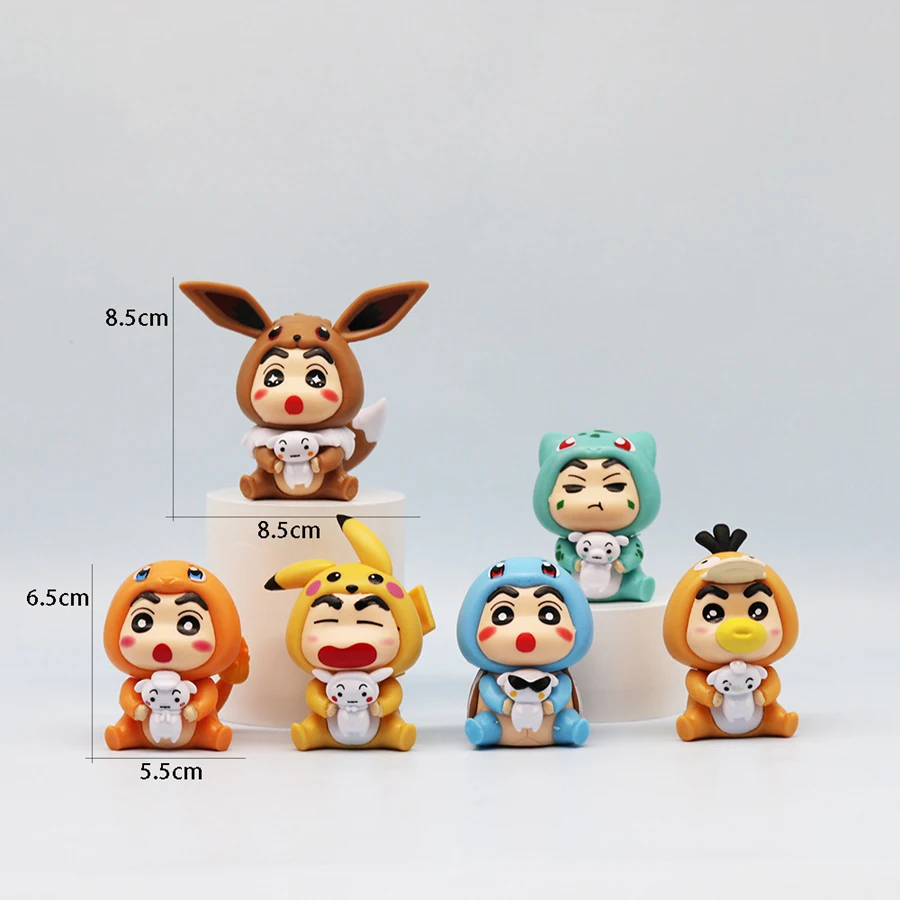 6Pcs/Set Q Version Crayon Shin-chan Anime Figure Shin-chan COS Pokémon Pikachu Action Figure Room Decorations PVC Collection Toy