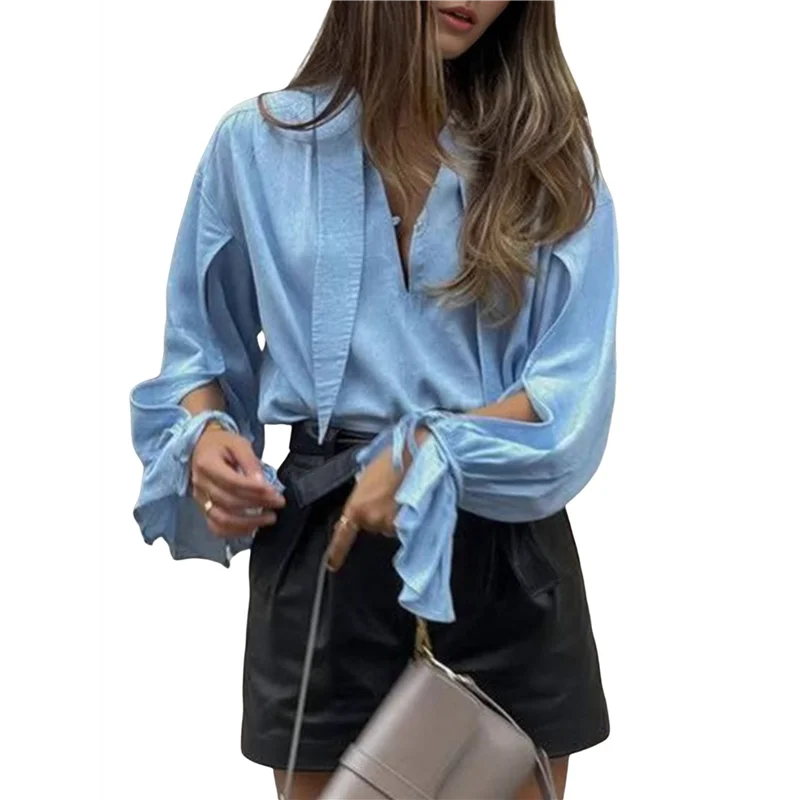 

ABRT-Женские повседневные блузки на пуговицах с V-образным вырезом и ажурным фонариком, свободный однотонный топ с длинными рукавами