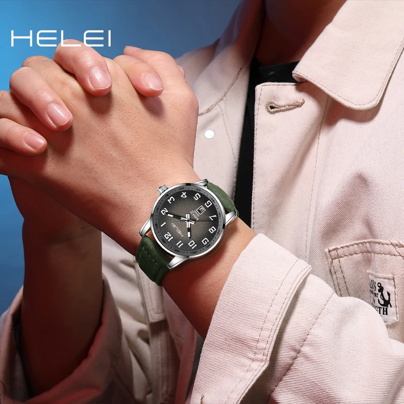 Часы наручные HELEI мужские в стиле милитари, Брендовые спортивные ВИНТАЖНЫЕ КВАРЦЕВЫЕ с классическим циферблатом и кожаным ремешком, с календарем, 2024