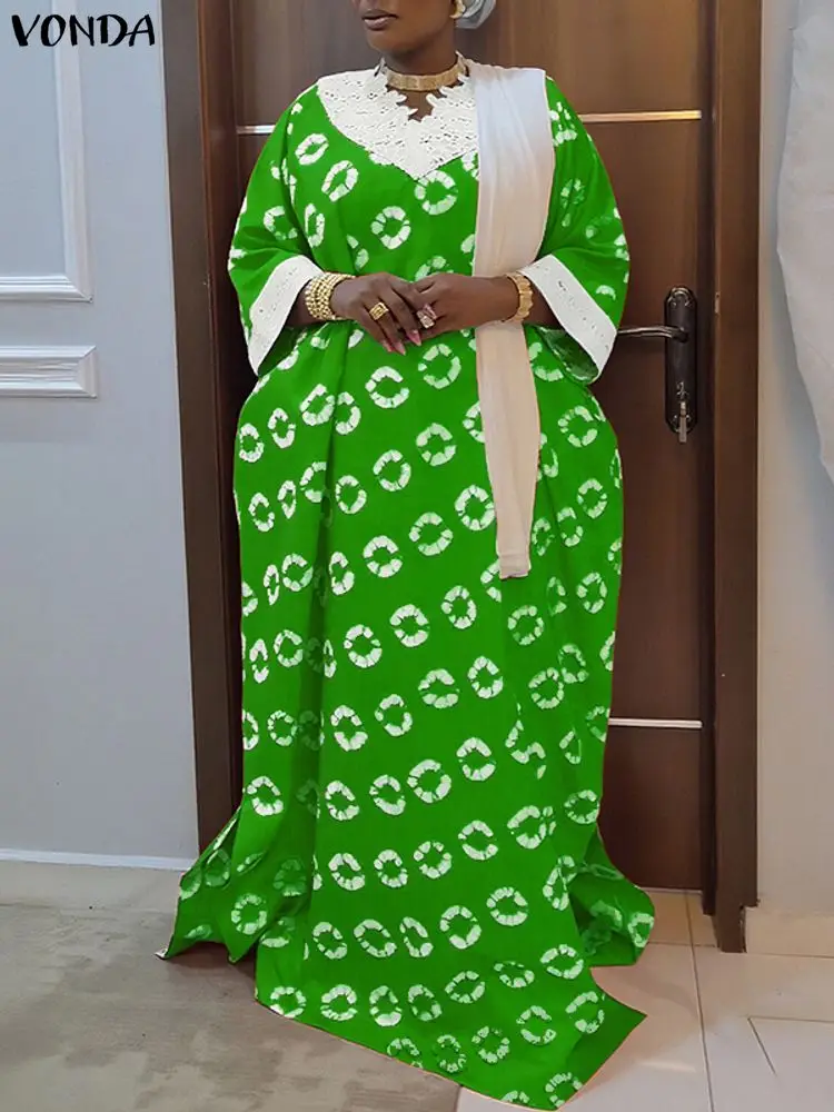 Plus size 5xl vonda boêmio impressão vintage maxi robe feminino vestidos longos com decote em v 3/4 manga rendas retalhos vestidos de festa casuais