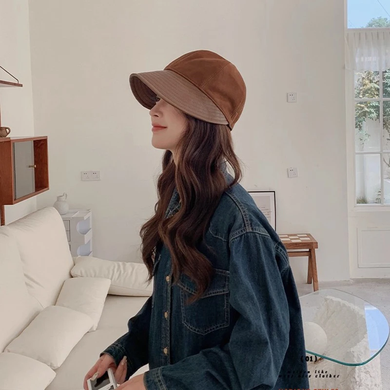 Fashion Women's Sun Hat Wide Brim Beach Outdoor Travel Foldable Multi-function Sheep Suede Leather Cap Visor Sun Cap Portable