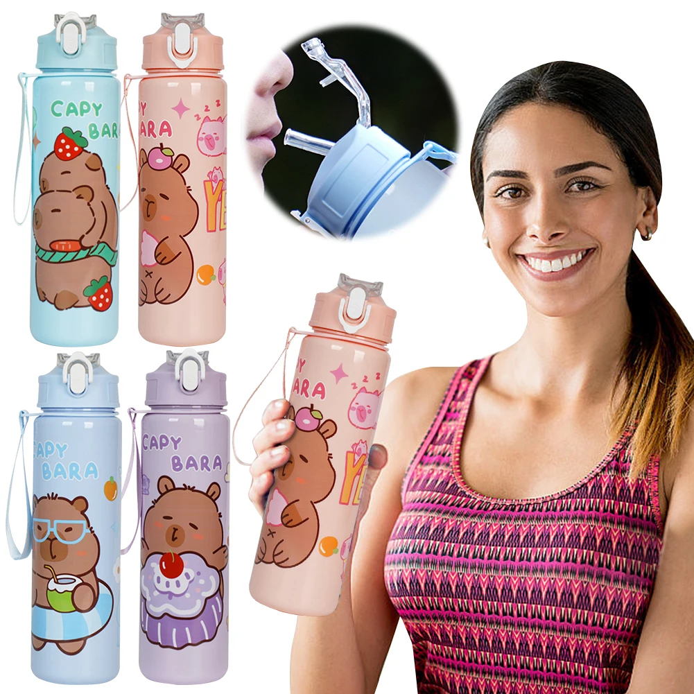 

700ml Capybara Portable Drinking Bottle with Straw & Handle Travel Water Cup Kawaii Water Bottle for Outdoor Activities