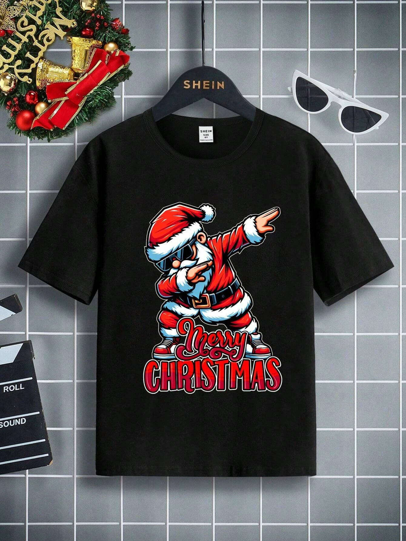 Family Wear，Tween Boy Casual Christmas Santa Claus Pose & Slogan Graphic Print Short Sleeve T-Shirt For Christmas Party