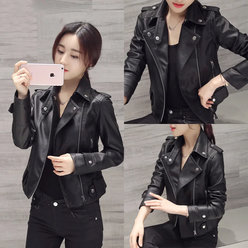 New Spring and Autumn Women Slim Motorcycle Leather Jacket Casual Versatile PU Coat