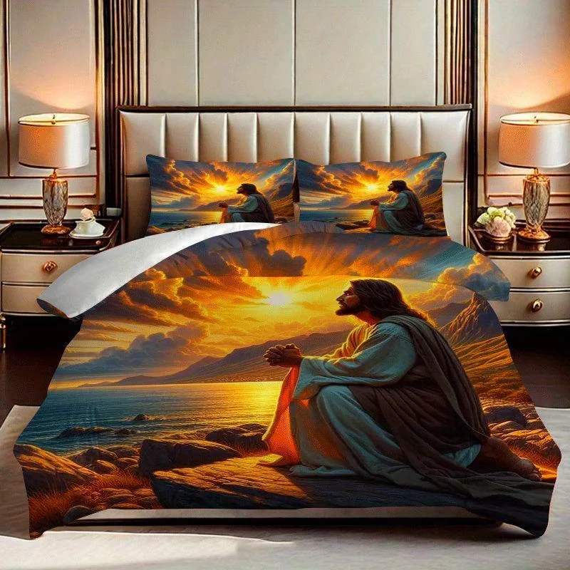 2/3pcs, Serene Jesus Sunset Prayer Ocean Rocksquilt Cover Set with Printed Pattern, Quilt Cover Set Includes Quilt Cover