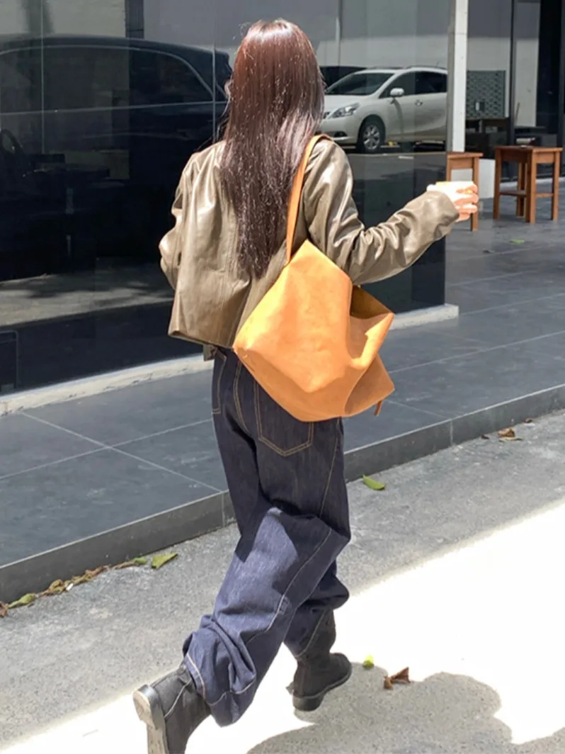 American Retro Single Button PU Leather Jaet Women Early Autumn New Sle Haome Loose Top Faionable Long Sve Coat