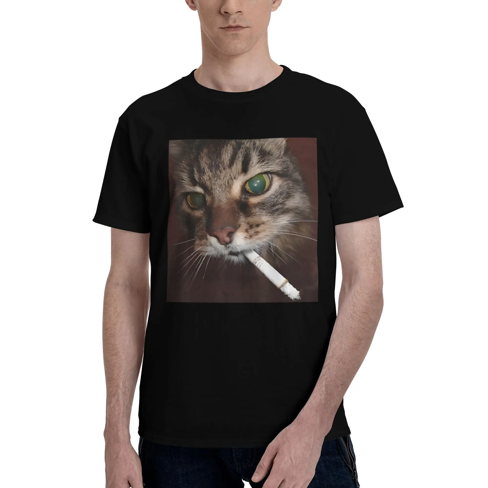 

Men Cigarette Kitten Funny Smoking Cat Brainrot Meme T Shirts Short Sleeve Pure Cotton Colthing Leisure Graphics Tees Shirt