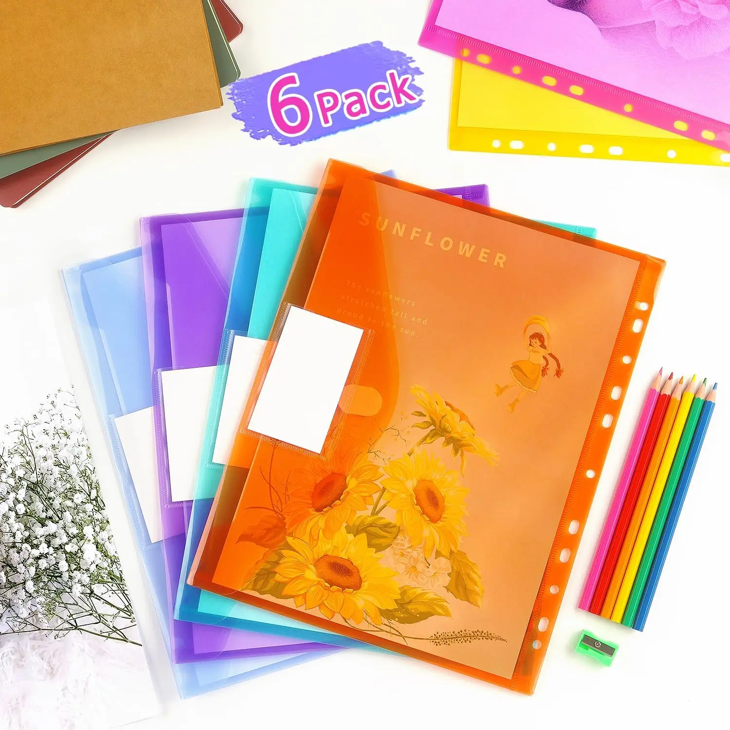 Nuove cartelle tascabili colorate/trasparenti da 11 fori, confezione da 6, cartelle raccoglitore con tasche per materiale scolastico per ufficio, formato lettera