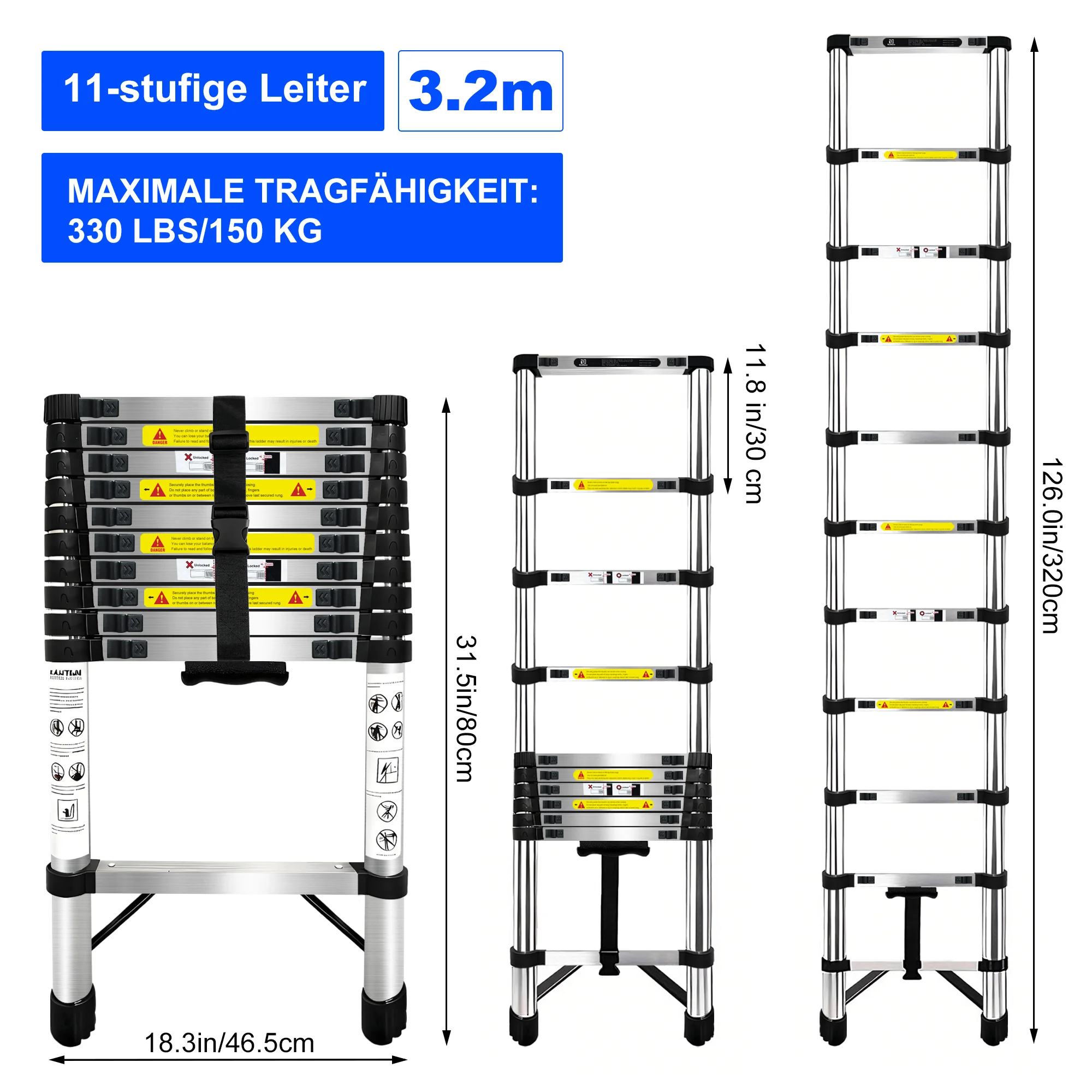 BRSTHECO 2,6/3,2/3,8/4,4/5,1/6,3 m telescopische roestvrijstalen ladders, opvouwbaar, capaciteit van 150 kg, kamerdecoratie