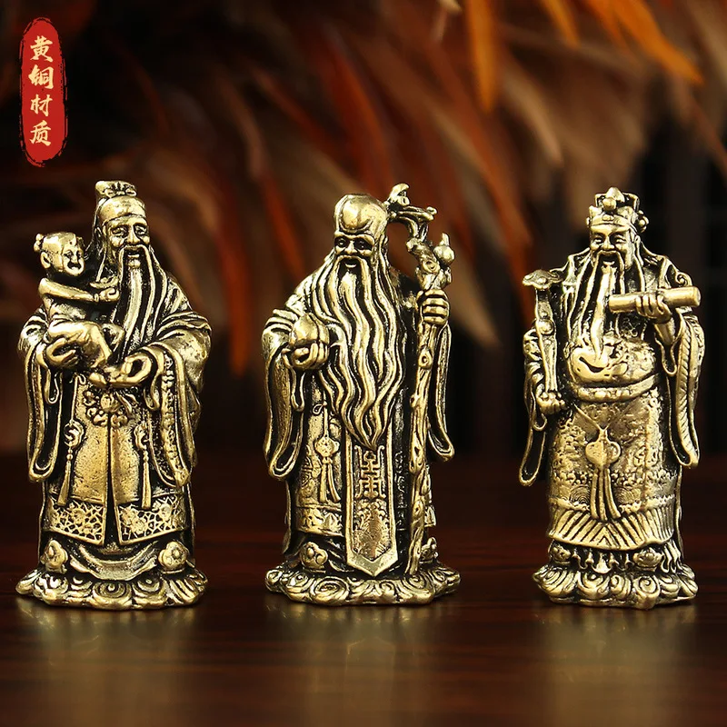 Fulu Shou Three Immortals Statue, Vintage Brass Desktop Ornament, Altar for Worship, Bronze Fortune , Prosperity Star, Longe