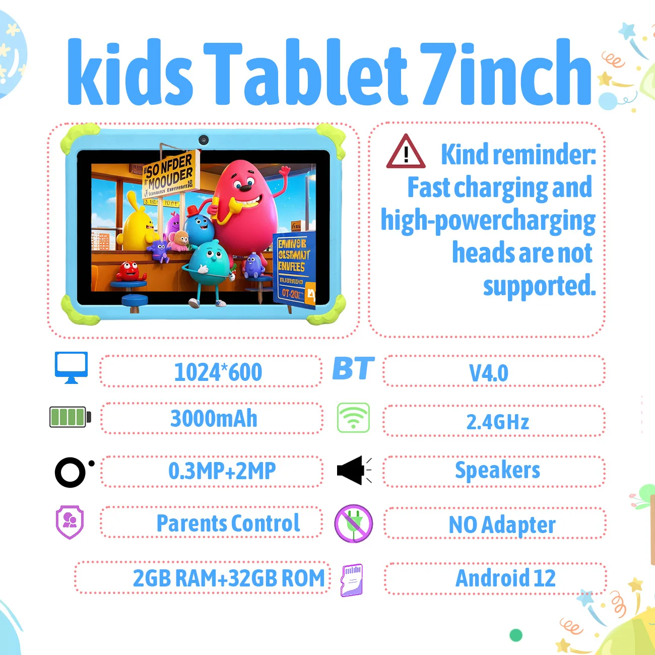 Novo tablet de 7 polegadas com câmera dupla de proteção infantil, tablet para Android 12, presentes infantis para Natal e aniversário