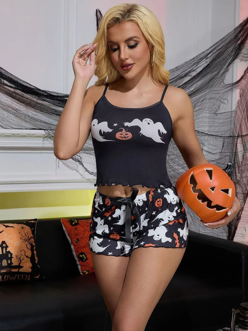 Halloween Shorts Sets For Women Ghost Pumpkin Print Camisole Vest Shorts Homewear Bowknot Shorts Sets Pure Desire For Women GSCI