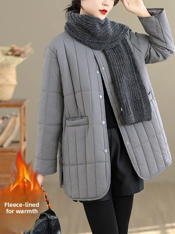 ファッショナブルな格子縞ステッチコットンジャケット、ロング丈、ラウンドネック、ミドル丈、大きいサイズ、レディース冬用コート、韓国風、ゆったりフィット