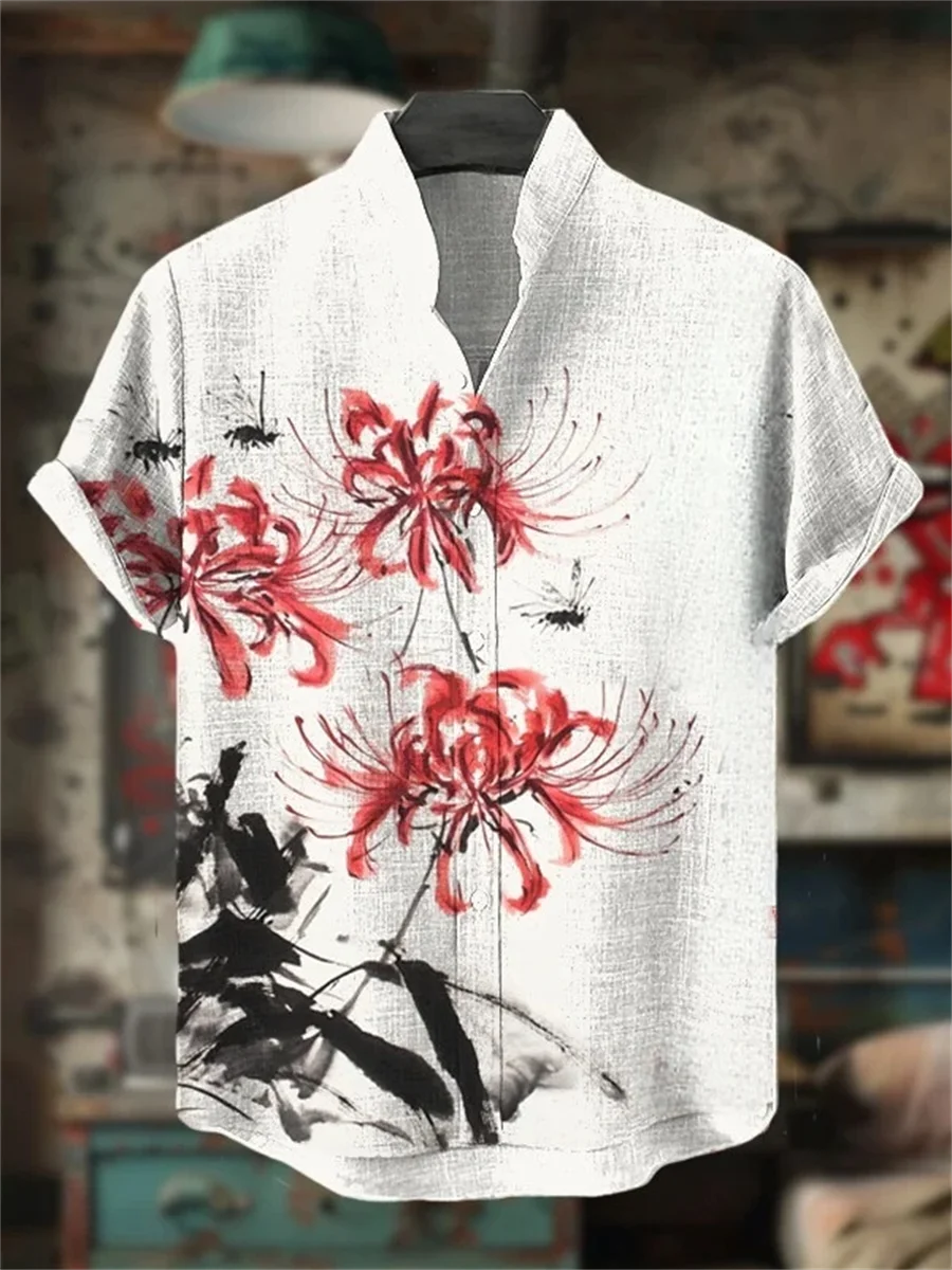 

Linen men's short sleeved shirt, fashionable trend, loose top, street outdoor, casual and comfortable