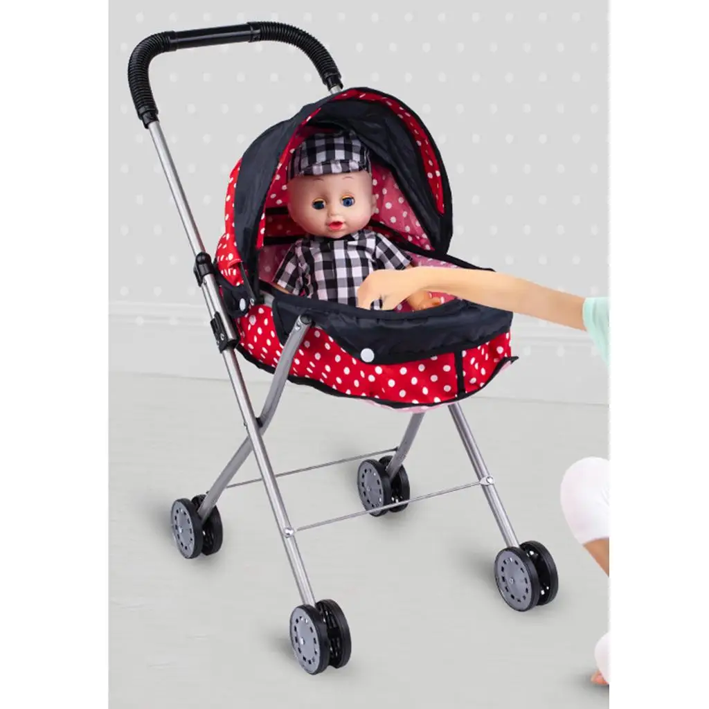 Portable Dotted Push Stroller with 4 Swivel Wheels for Mellchan Doll Toys