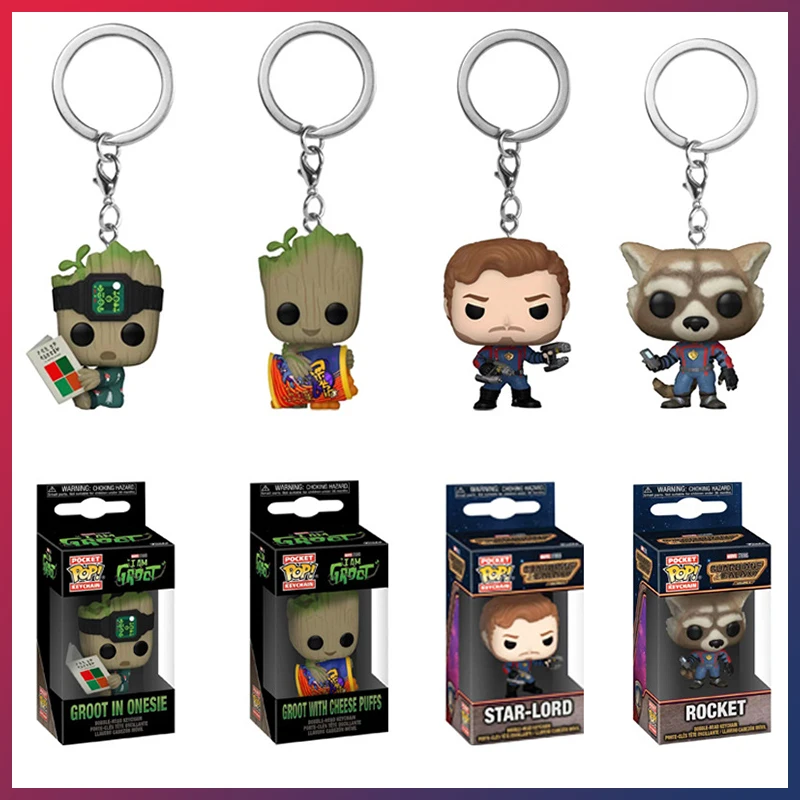 Funko Pop Keychain Uardians Of The Pocket Figure Star-Lord Rocket Raccoon Groot Car Key Accessory Toys Collect Bag Pendant