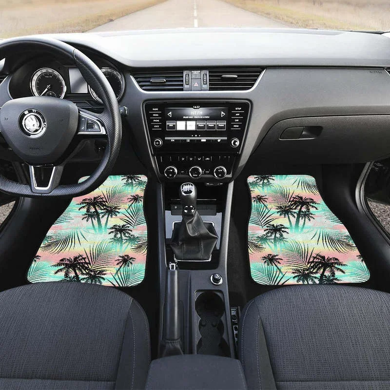 Pastel Palm Tree Pattern Print Front and Back Car Floor Mats Heavy Carpet Front and Rear Full Set 4PCs Pack