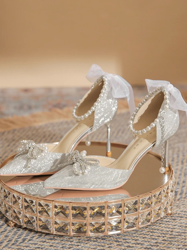 Silver High Heels, Coming of Age Ceremony, Crystal Wedding Shoes, Bridal Shoes, New French Slim Heels, Not Tiring for The Feet