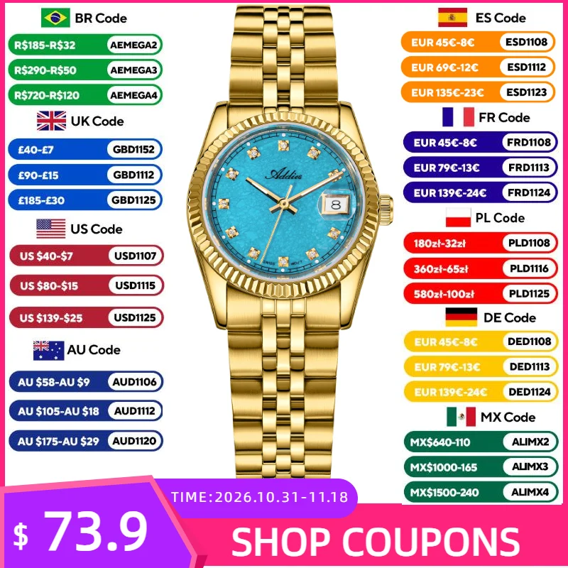ADDIES Women's Quartz Watch Date Display 316L Stainless Steel BGW9 Luminous 50M Waterproof Sport Dress Fashion Watches for Woman