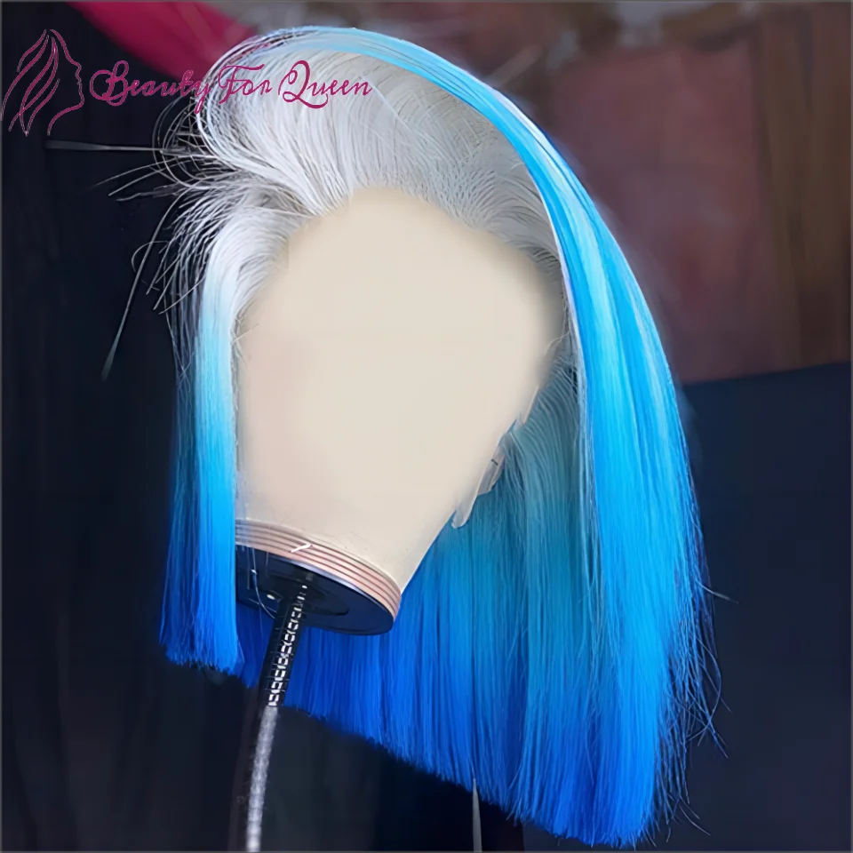 Wig Bob pendek biru renda depan rambut manusia Wig lurus renda depan Wig renda transparan berwarna renda Wig untuk wanita