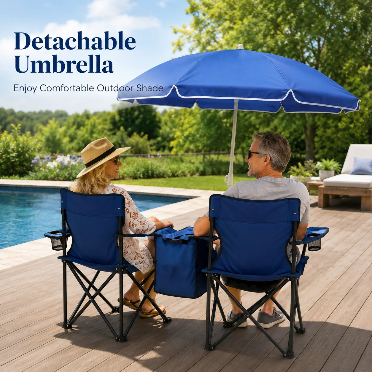 2 Person Folding Camping Chair Set with Umbrella Cup Holders Built in Cooler Portable Outdoor Double Chair Beach Picnic Travel