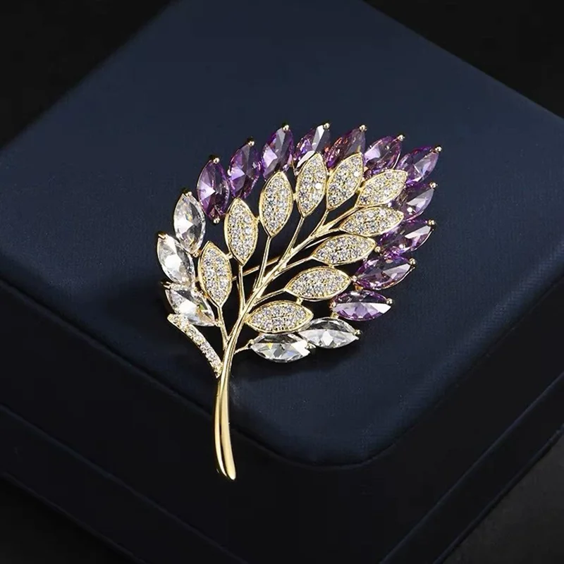 Purple Rhinestones Edge Leaf Brooches for Women Luxury Crystal Wheat Shape Brooch Pin Party Elegant Jewelry Clothing Accessories