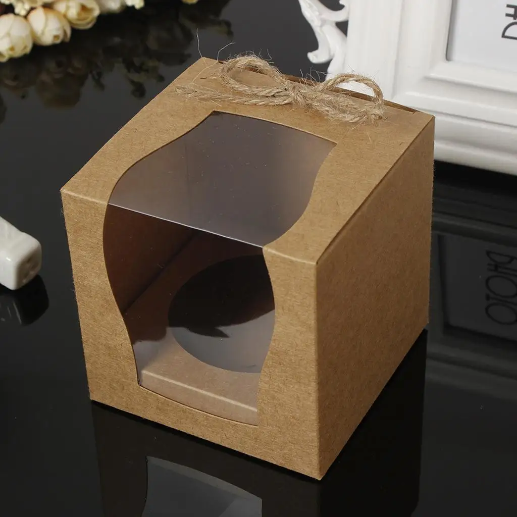 12pcs/Set Vintage Paper Cake Cupcake Box Bakery Box With Window Paper with Rope Birthday Wedding Favor Gift Mini Box Packaging