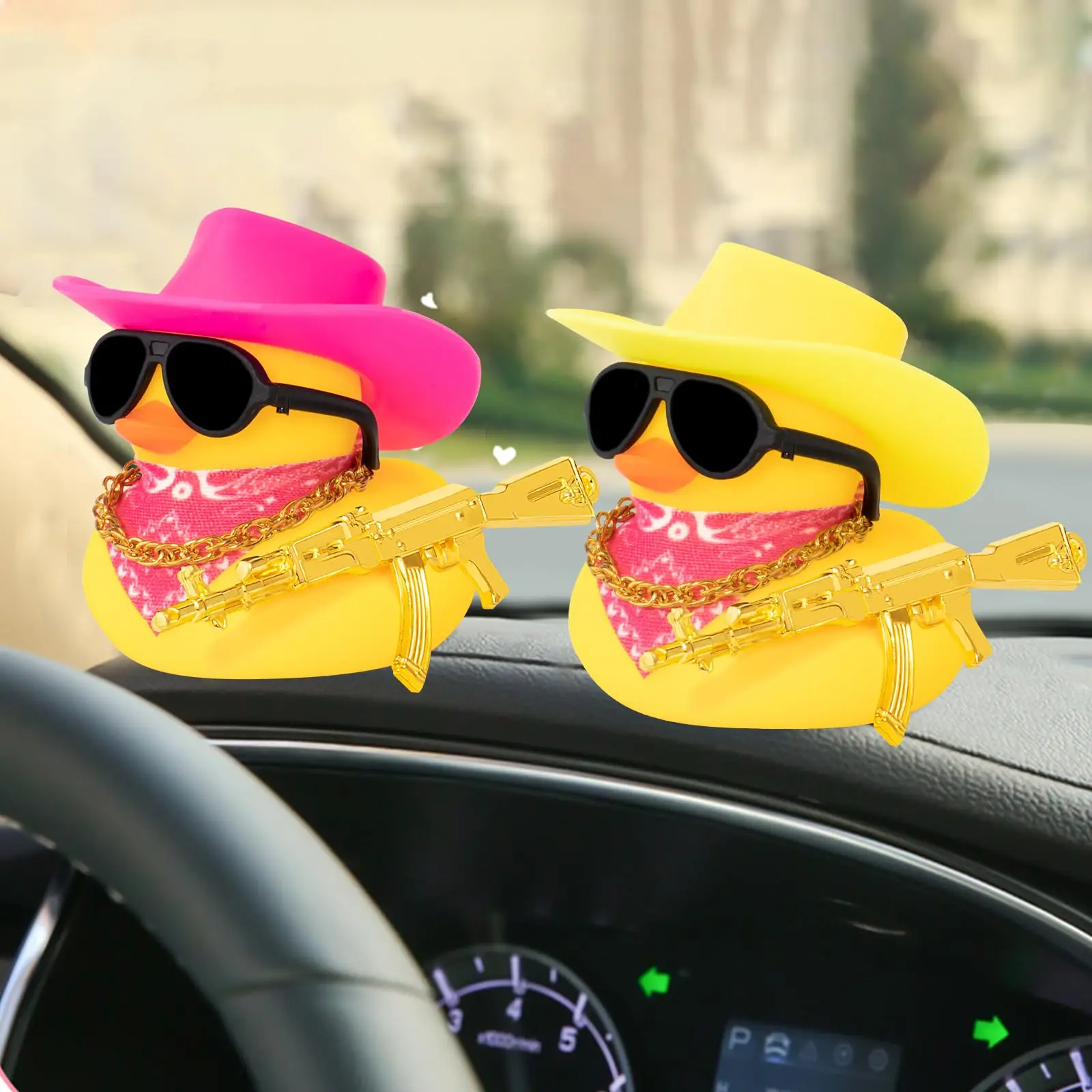 Rubber Duck Car Ornaments Duck Car Dashboard Decorations for Cool Car Accessories with Cowboy Hat Necklace and Sunglasse