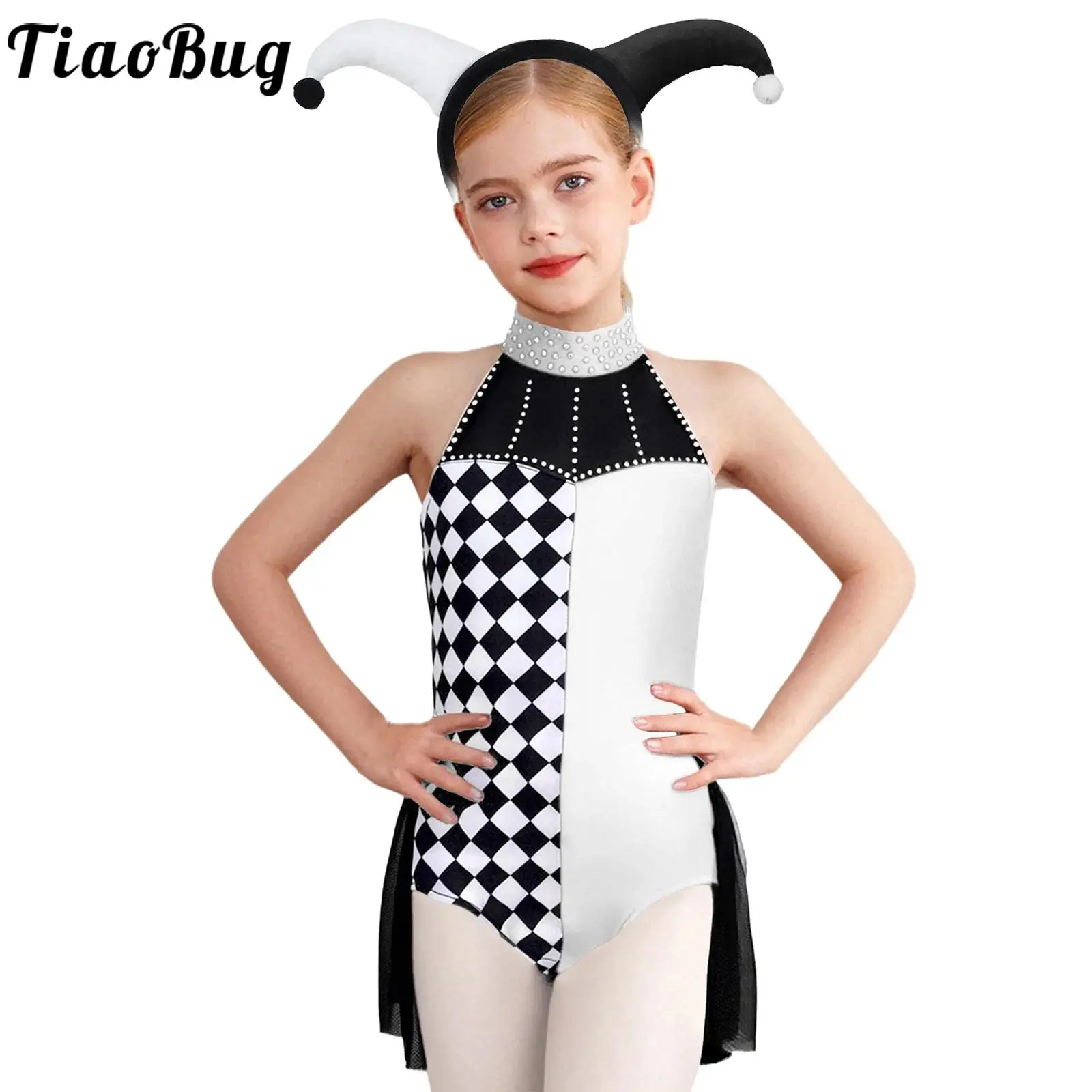 Girls Halloween Circus Clown Costume Kids Carnival Party Joker Outfits Rhinestone Mesh Leotards Jumpsuit And Clowns Headwear