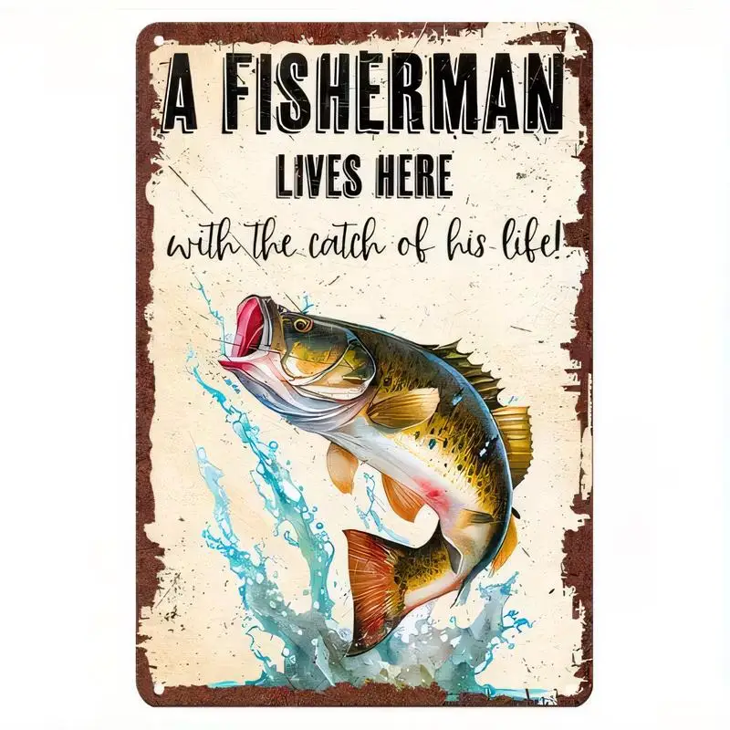 Vintage Distressed Metal Tin Sign, A Fisherman Lives Here Big Fish Catch Design, Rustic Iron Wall Art for Home, Man Cave, Fishin