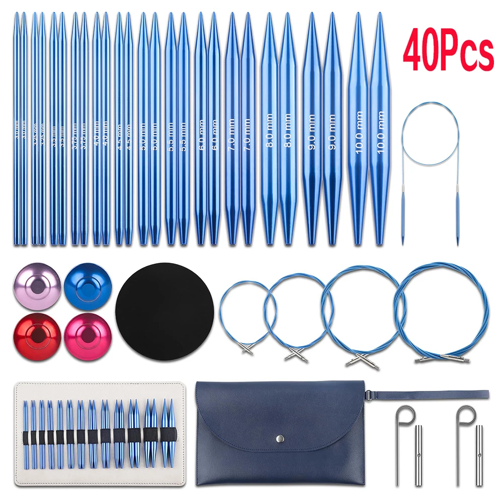 40Pcs Interchangeable Circular Knitting Needles Set - 13 Pairs | 3.0-10.0mm Blue Premium Aluminum Knitting Needles & Accessories