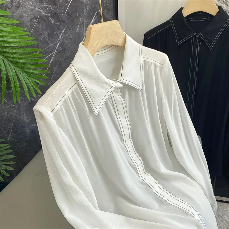 

Handmade Silk Satin Long Sve irt Classic Commute OL Sle Straight Tube Fit Decorative Stitching Single Button Closure