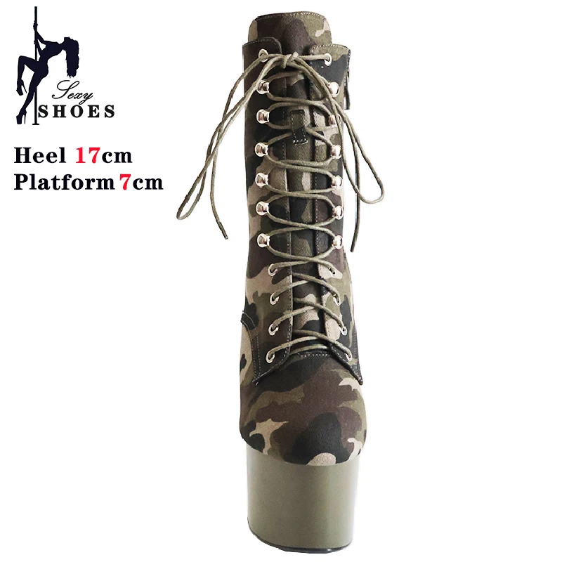17cm/7 Polegada super alta boate plataforma tiras camuflagem botas de tornozelo feminino sexy dedo do pé redondo pólo dança botas curtas stripper