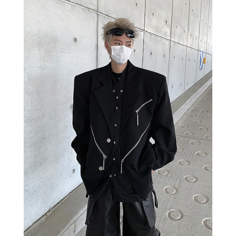 Oversized Black Blazer Men High-end Fashion Leisure Suit Jackets Multi-zippers Male Streetwear Casual Korean All-match Suit