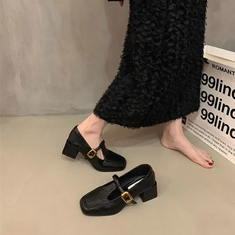 2024 New Women Pumps Mary Janes Chunky High Heels Office Dress Shoes Brown Black Ladies Shoes Fashion Footwear