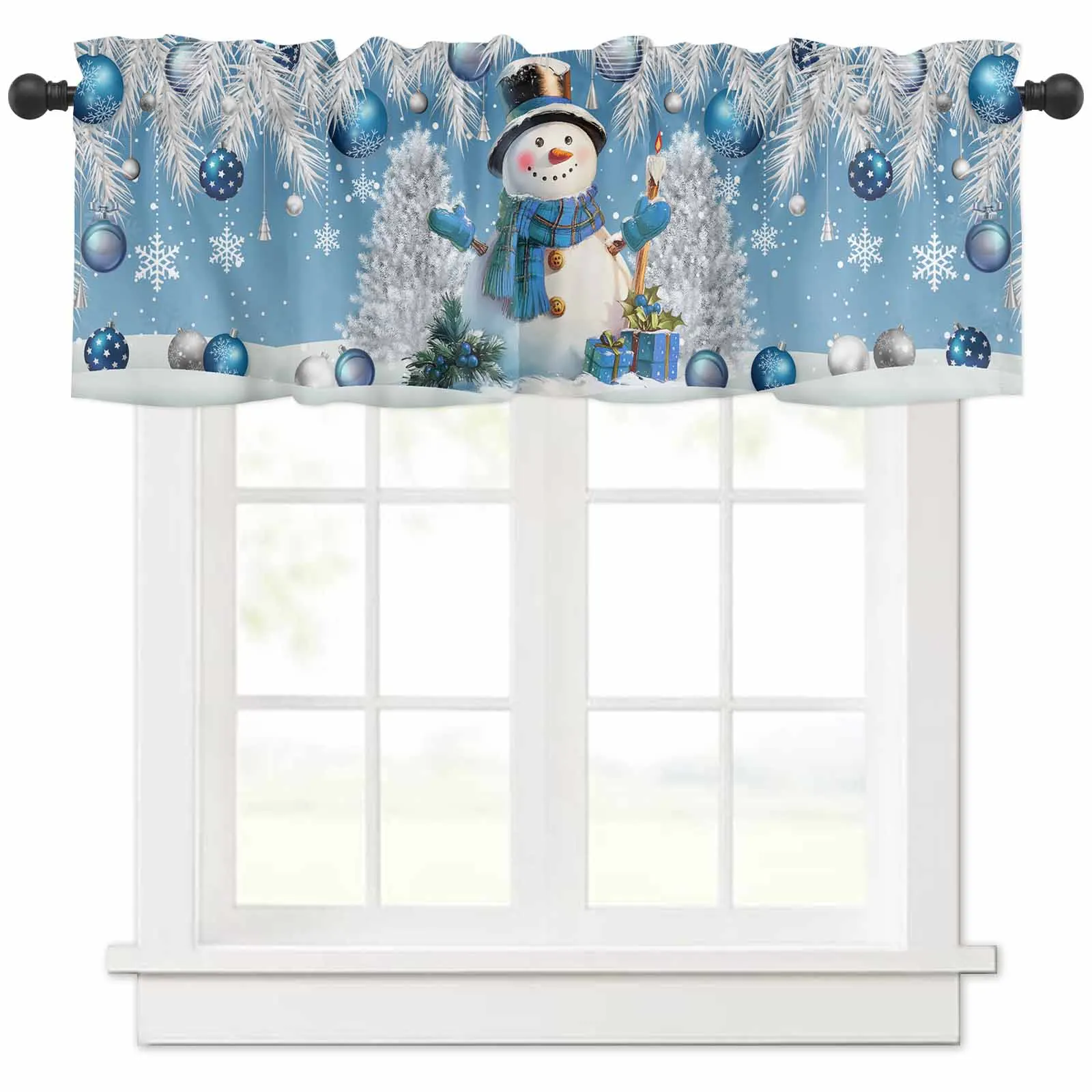 Christmas Snowman Pine Leaves Christmas Ball Bule Short Curtains Kitchen Cafe Wine Cabinet Door Window Small Curtains Home Decor