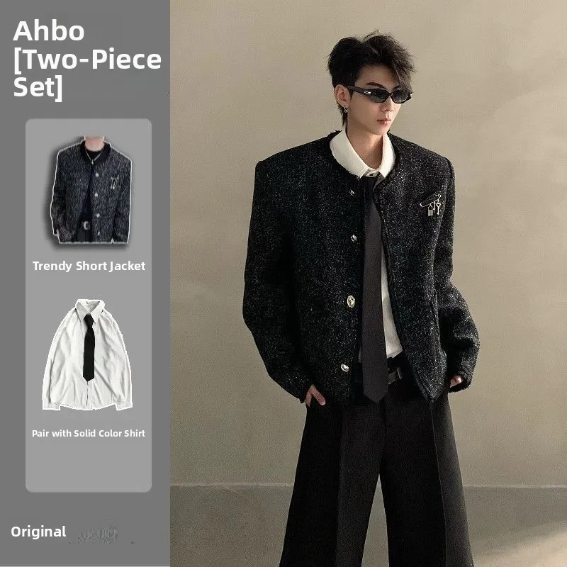  Short Jacket Knitted without Collar Men's Model Fashionable Korean Style Youth Casual Wear Autumn Season Pure Color