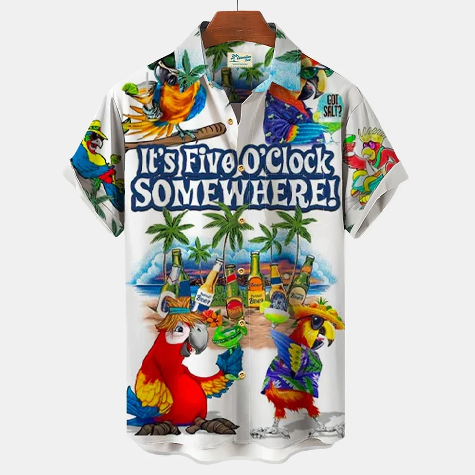 Parrot printed shirt Men\'s summer fashion shirt Single breasted short sleeved Hawaiian shirt Beach animal shirt Men\'s clothing