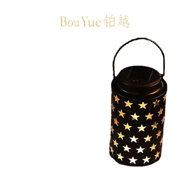 Solar Projection Light Outdoor Wrought Iron Star Hollow LED Hanging Lamp Garden Yard Landscape Decorative Lantern Waterproof