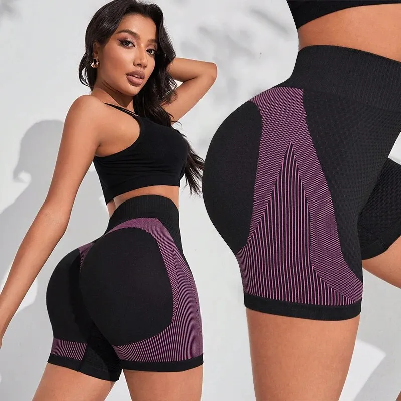 Yoga Future Striped Print Wideband Waist Shorts Running Sports Anti Coil Ladies Leggings Breathable High Waist Yoga Shorts