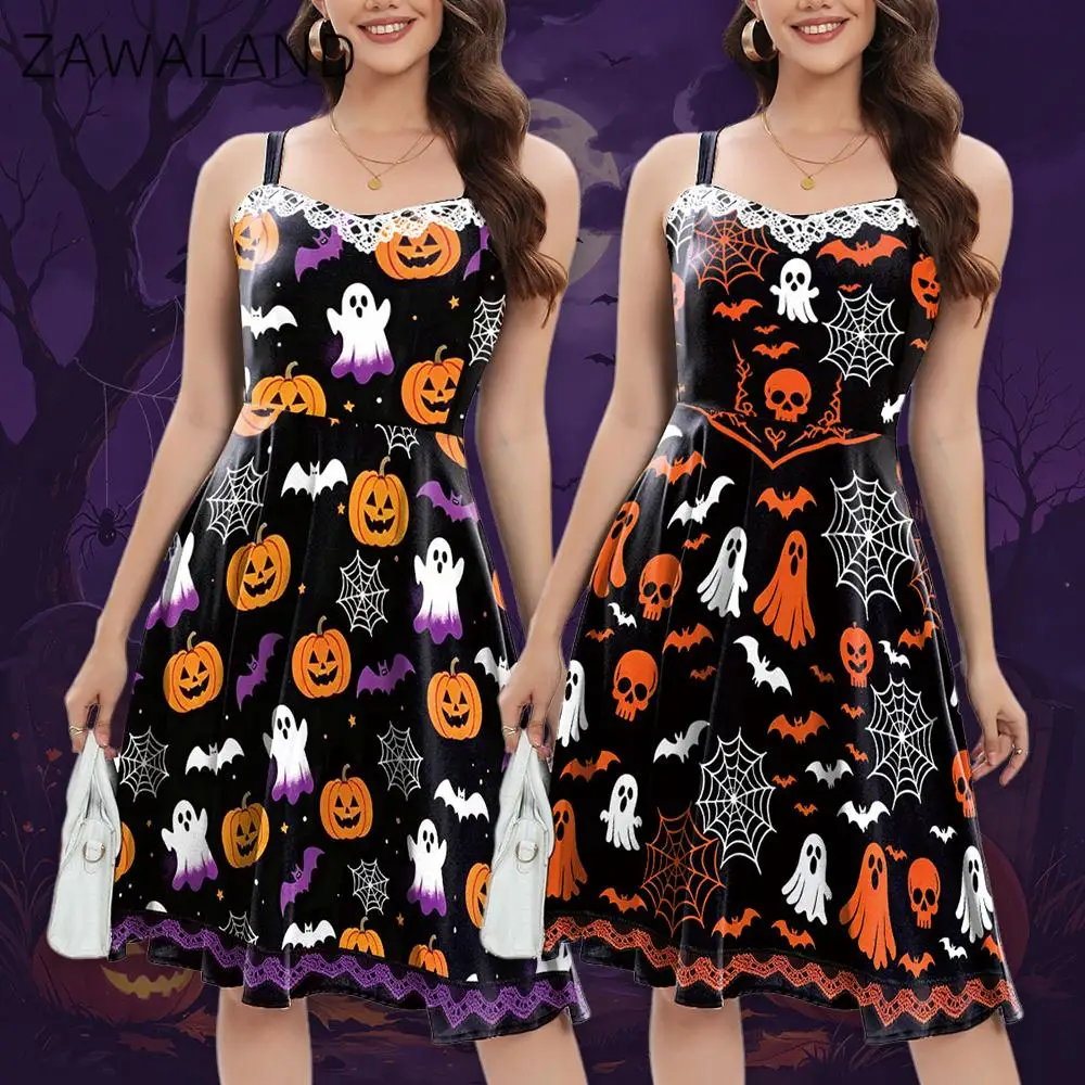 Zawaland Halloween Dress for Women Spooky Ghost Pumpkin Bat Print Sleeveless A-Line Dress Party Halloween Night Fancy Dress