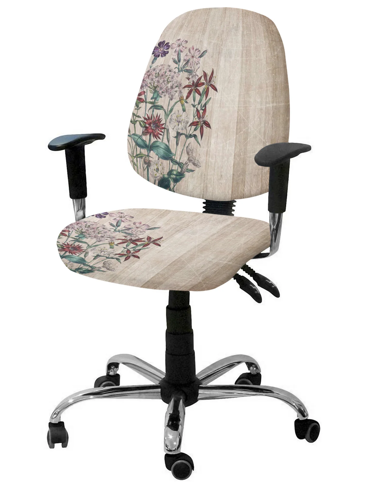 Retro Flower Wood Grain Elastic Armchair Computer Chair Cover Stretch Removable Office Chair Slipcover Split Seat Covers