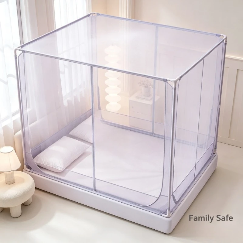 Three-Door Bed Canopy Mosquito Net with Full-Bottom & Anti-Fall Design for Bedroom Home Use Elegant Lace Trim Decor
