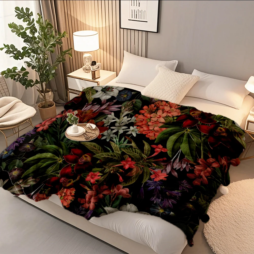 

Flannel Bed Scandinavian Blanket Midnight Botanical Tropical Garden Travel Blanket Plush Throw Odor-resistant Fade-resistant